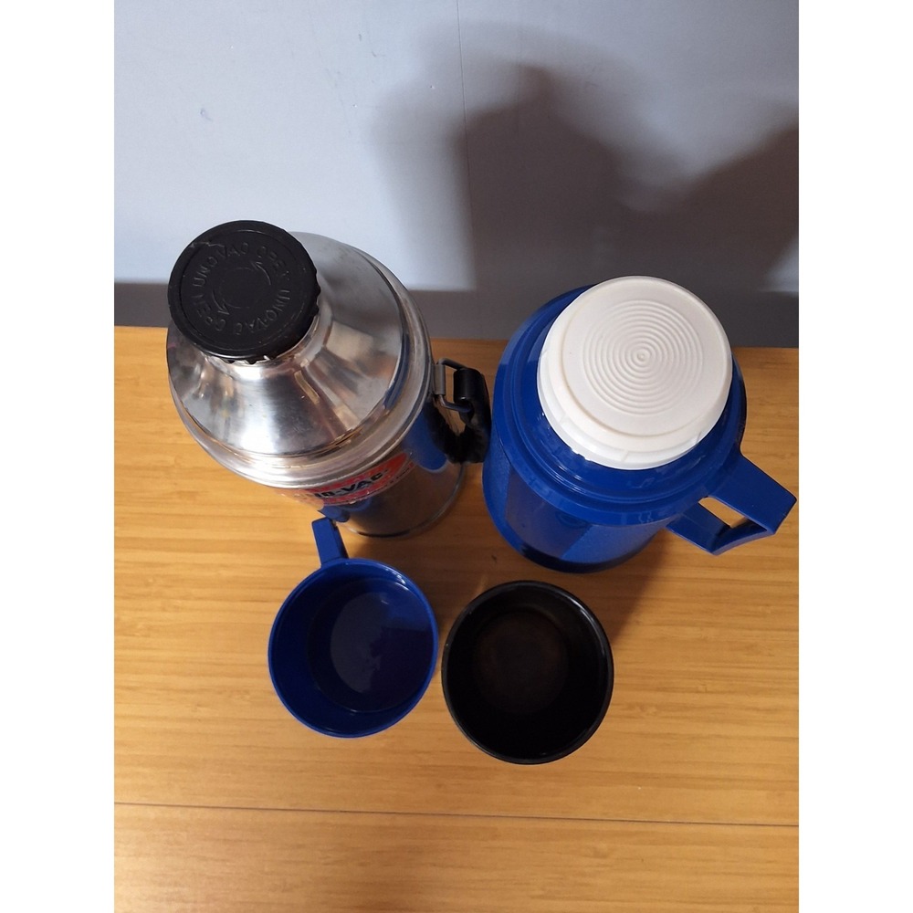 Vintage Pair Of Thermoses, Unbreakable Uno-Vac & Blue Plastic Thermos. Lot Of 2 - Picture 10 of 11